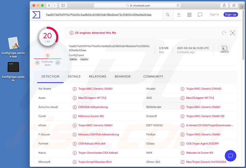 Wykrycia adware ConfigType na VirusTotal