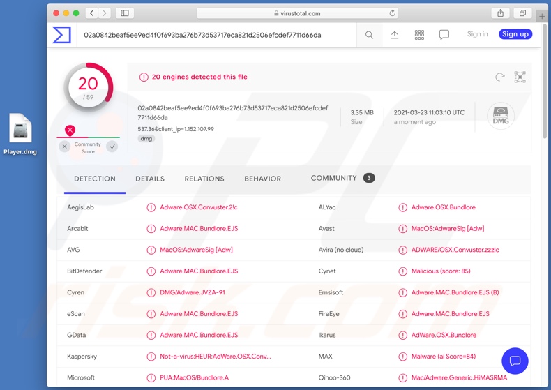 Wykrycia adware Convuster na VirusTotal