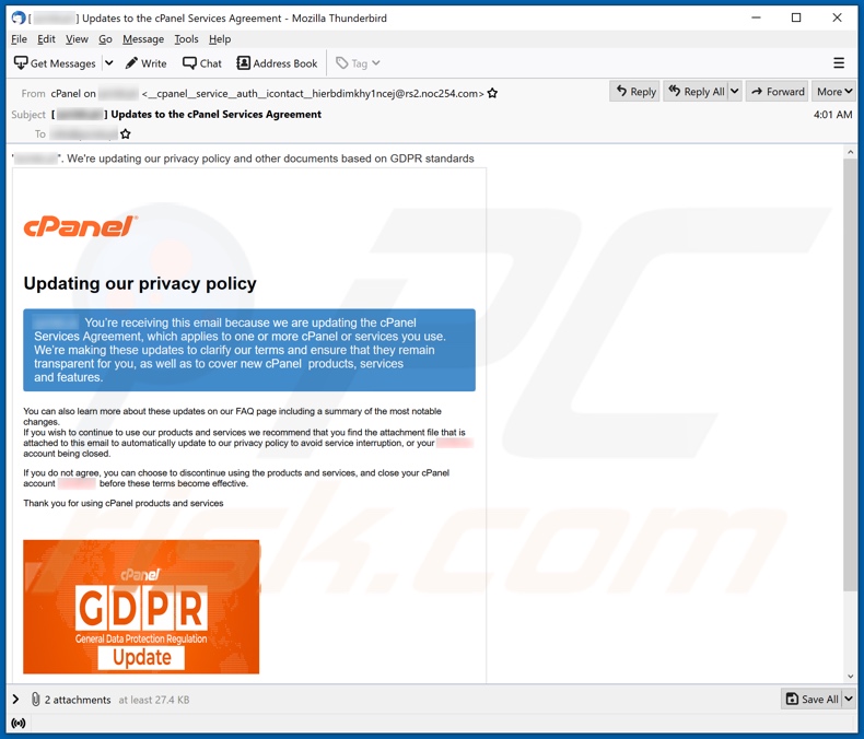 Wariant oszukańczego e-maila cPanel