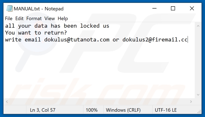 Plik tekstowy ransomware Duk (MANUAL.txt)