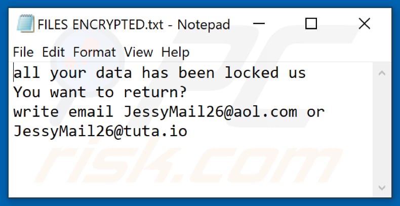 Plik tekstowy ransomware Jessy (FILES ENCRYPTED.txt)