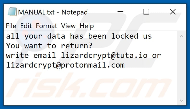 Plik tekstowy ransomware Liz (Manual.txt)