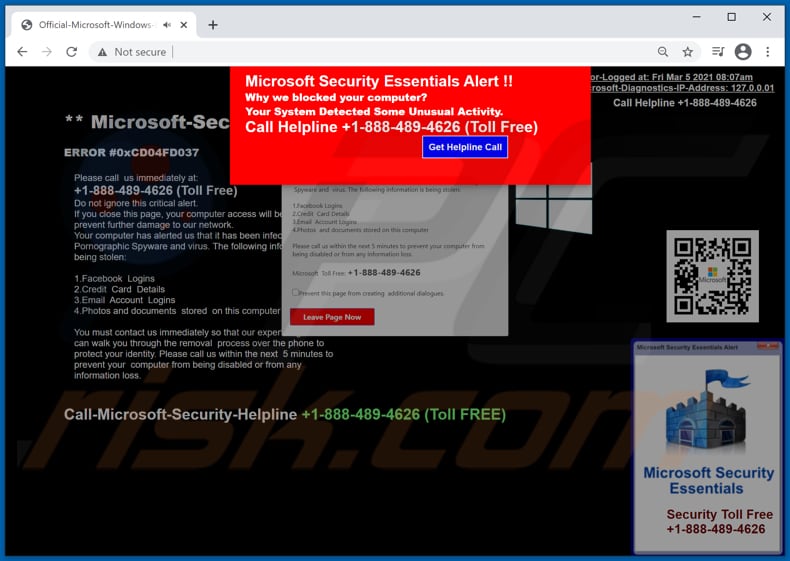 Oszustwo Microsoft Security Essentials Alert