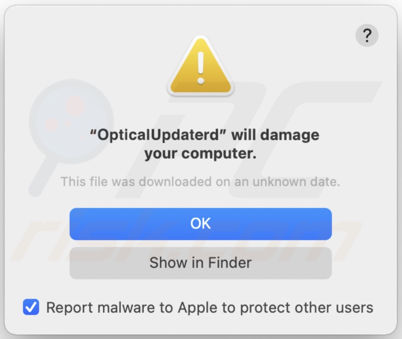 Pop-up ostrzegawczy adware OpticalUpdater