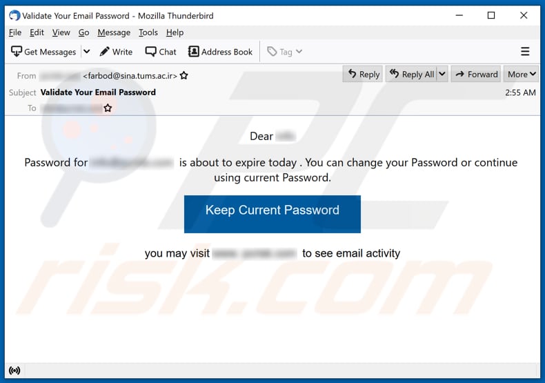 Oszukańcza e-mailowa kampania spamowa Password is about to expire today email