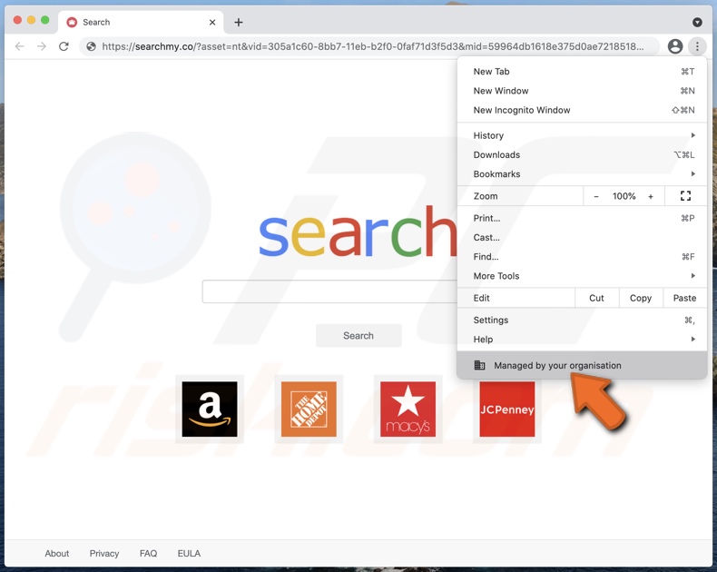 searchmy.co promujący dodanie funkcji Managed by your organization do Chrome