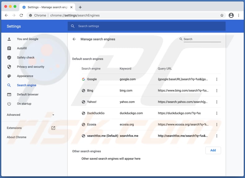 searchfox.me przekierowuje fałszywą wyszukiwarkę w ustawieniach jako domyślną wyszukiwarkę 