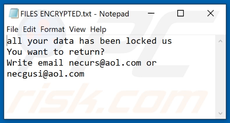 Plik tekstowy ransomware Urs (FILES ENCRYPTED.txt)