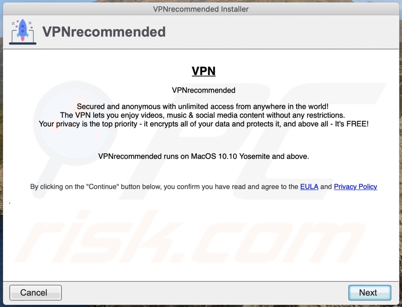 Zwodniczy instalator użyty do promowania VPNrecommended (krok 2)