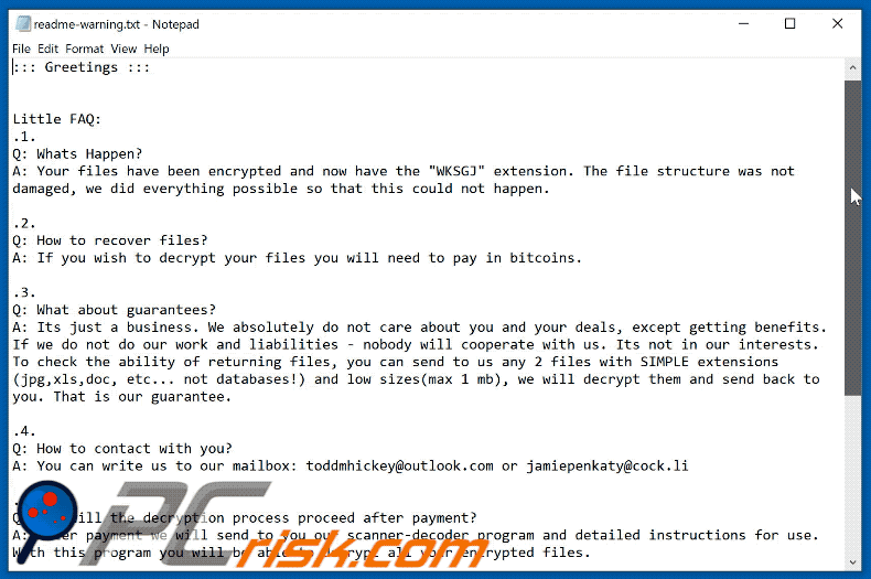 Wygląd notatki z żądaniem okupu ransomware WKSGJ (readme-warning.txt) GIF
