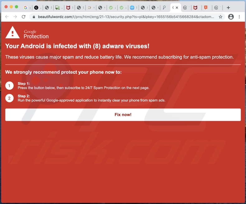 Strona tła oszustwa Your Android is infected with (8) adware viruses!