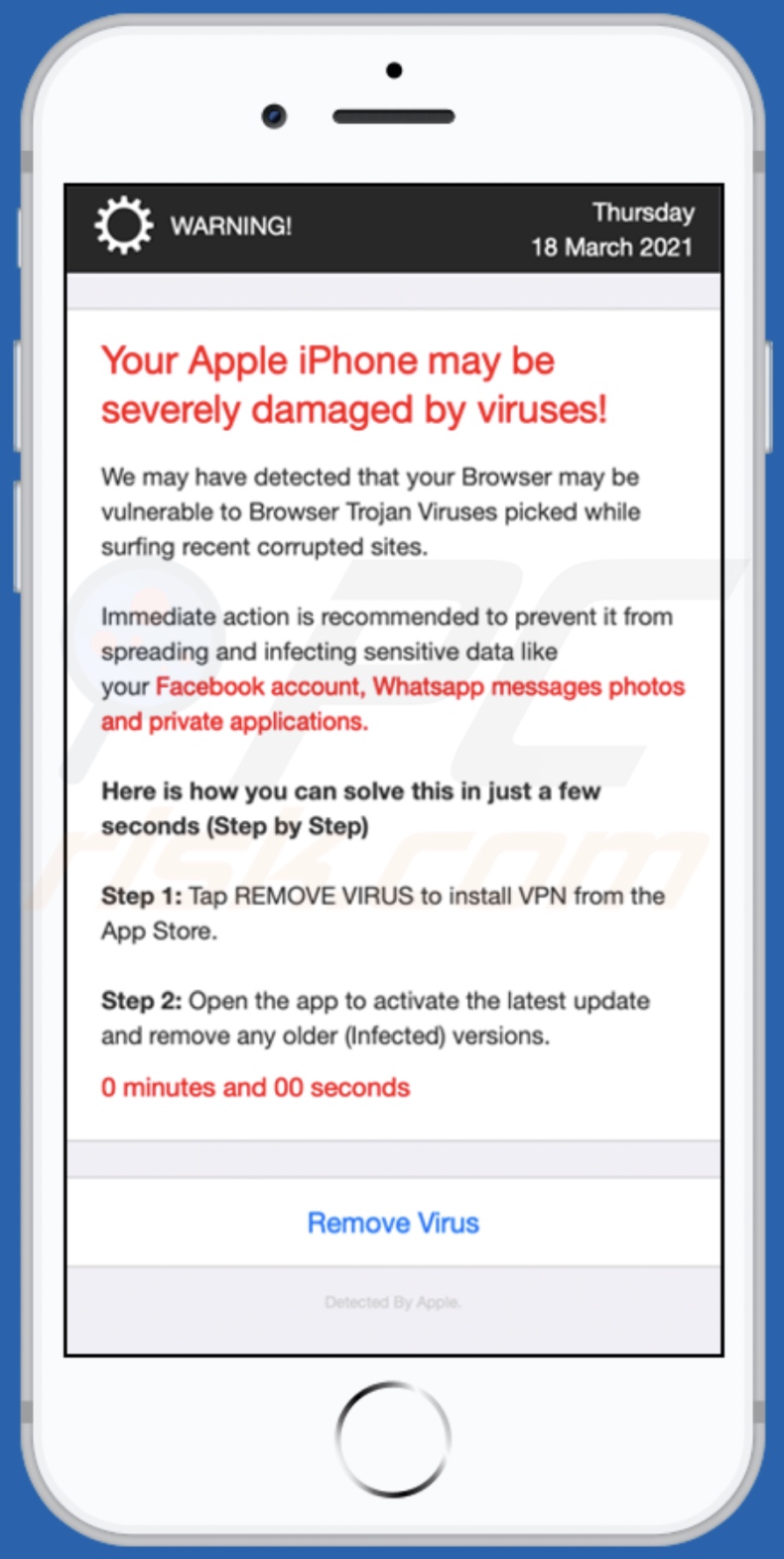 Strona tła oszustwa Your Apple iPhone may be severely damaged by viruses!