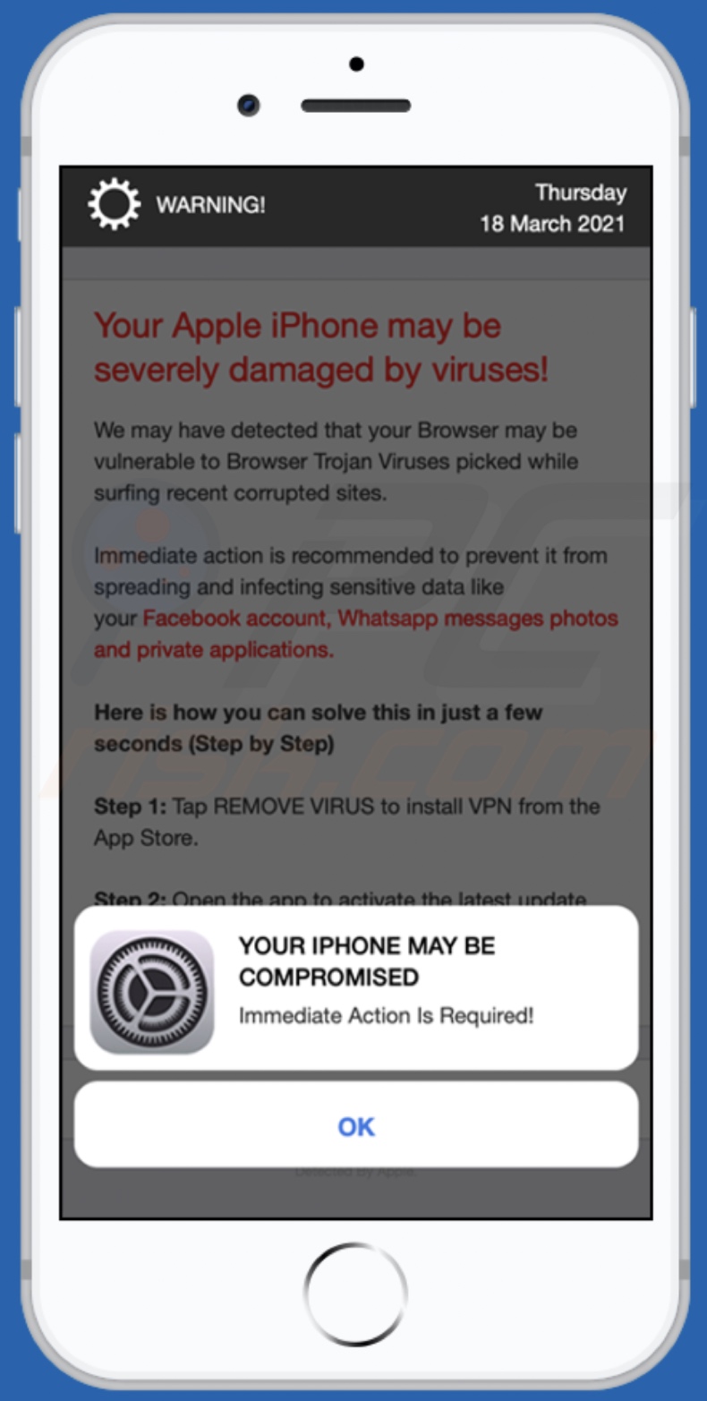 Oszustwo pop-up Your Apple iPhone may be severely damaged by viruses!