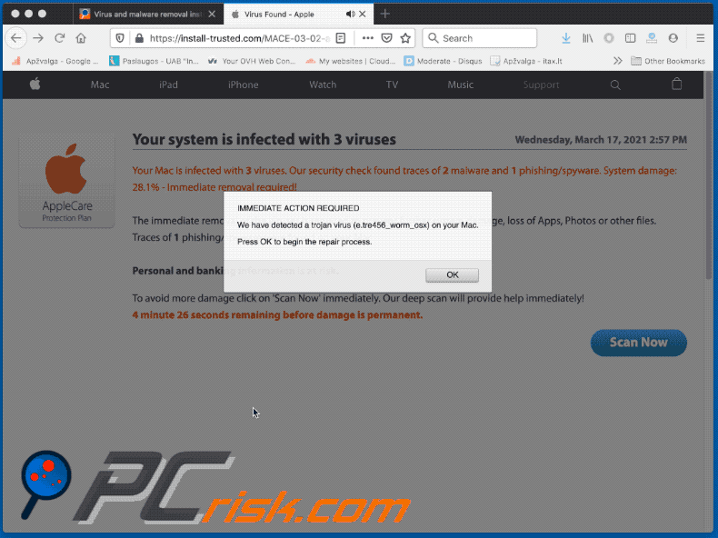 Wariant oszustwa pop-up Your System Is Infected With 3 Viruses (2021-03-17 - GIF)