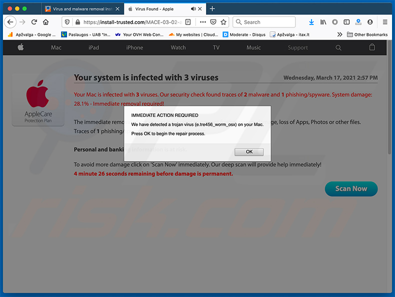 Wariant oszustwa pop-up Your System Is Infected With 3 Viruses (2021-03-17)