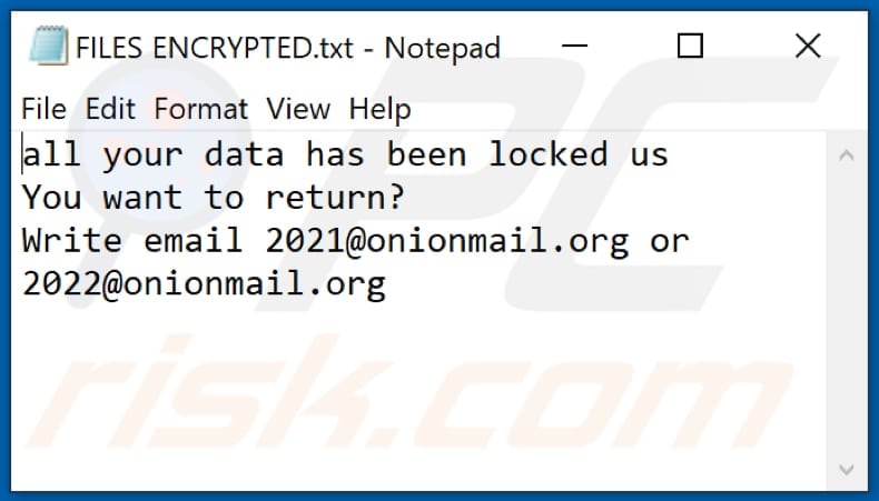 Plik tekstowy ransomware 2122 (FILES ENCRYPTED.txt)
