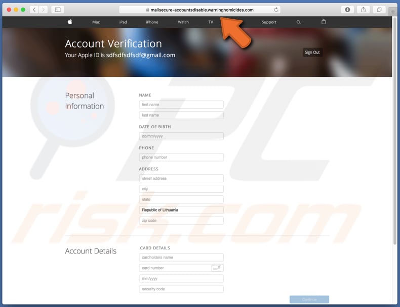 fałszywa strona oszustwa e-mailowego id apple prosząca o wrażliwe informacje