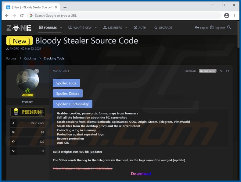 Malware bloody stealer na sprzedaż na forum hakerskim