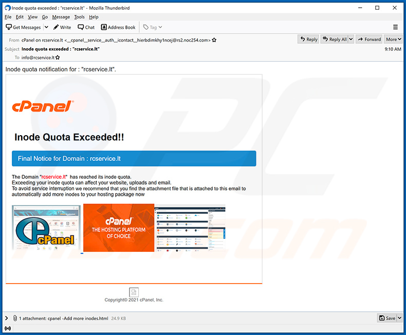 e-mail spamowy o tematyce cPanel (2021-04-13)