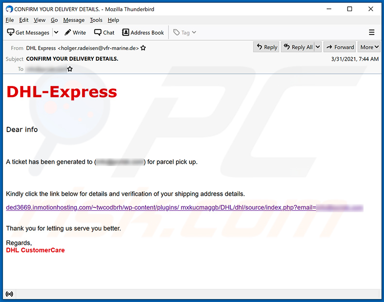 Wiadomość spamowa o tematyce DHL Express promująca witrynę phishingową (2021-04-01) 