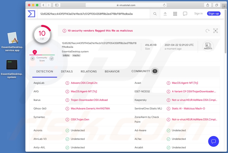 Wykrycia adware EssentialDesktop na VirusTotal