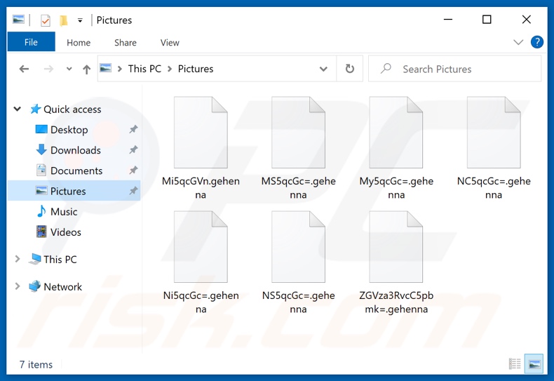 Pliki zaszyfrowane przez ransomware GEHENNA LOCKER (losowa nazwa pliku i rozszerzenie .gehenna)
