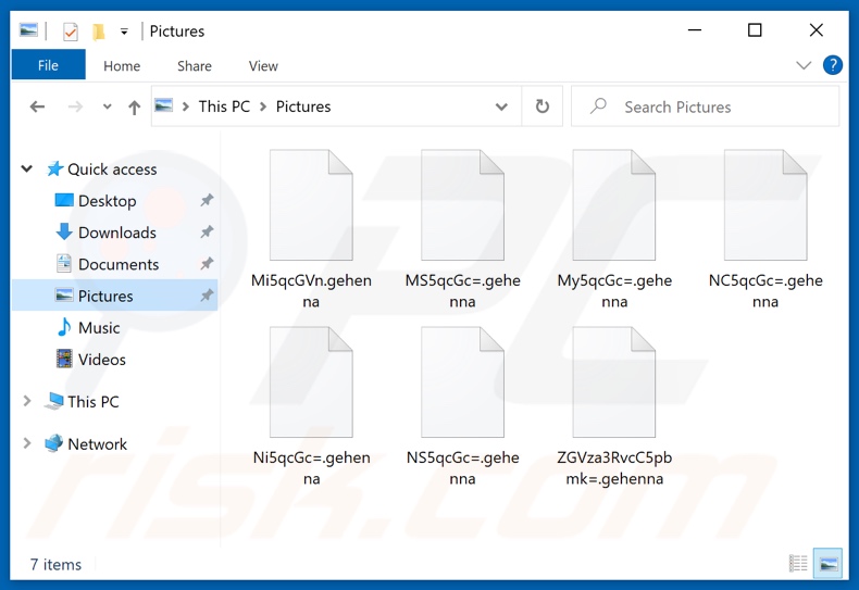 Pliki zaszyfrowane przez ransomware GEHENNA LOCKER (losowa nazwa pliku i rozszerzenie .gehenna)