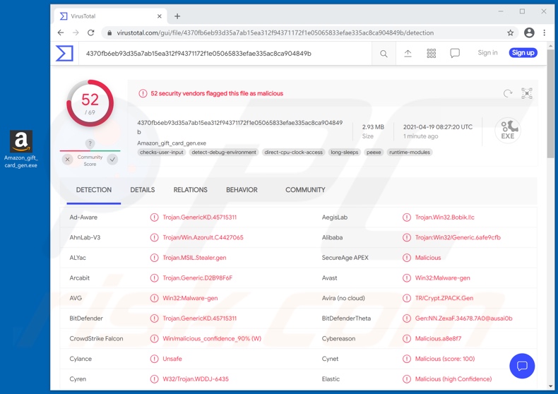 Wykrycia malware HackBoss na VirusTotal