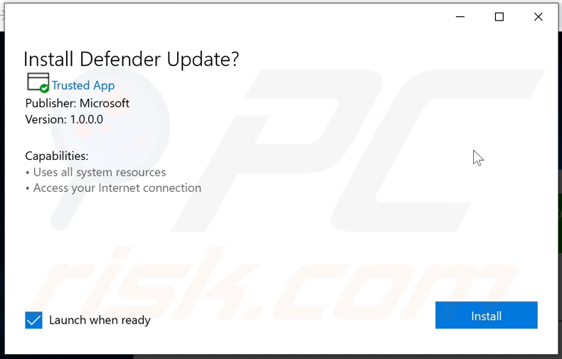 Instalator promujący oszustwo Important Defender update available