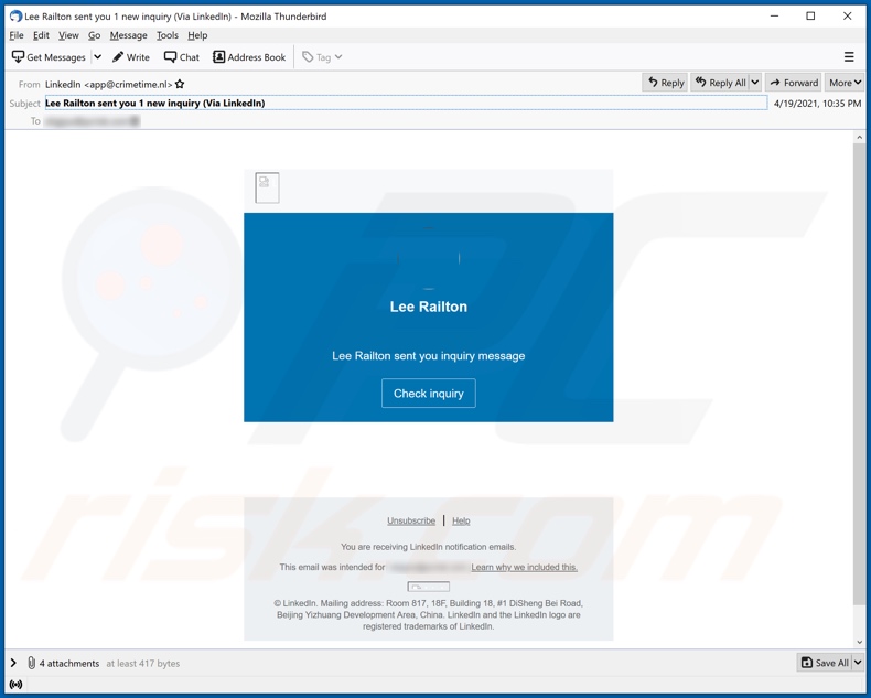 E-mailowa kampania spamowa LinkedIn (temat/tytuł - Lee Railton sent you 1 new inquiry (Via LinkedIn))