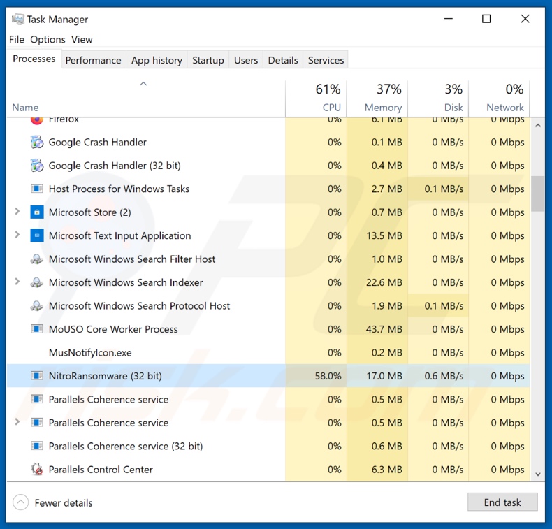 Ransomware Nitro w Menedżerze Zadań (NitroRansomware - nazwa procesu)