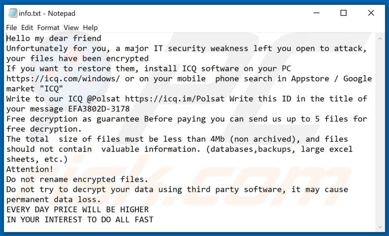 Plik tekstowy ransomware POLSAT (info.txt)