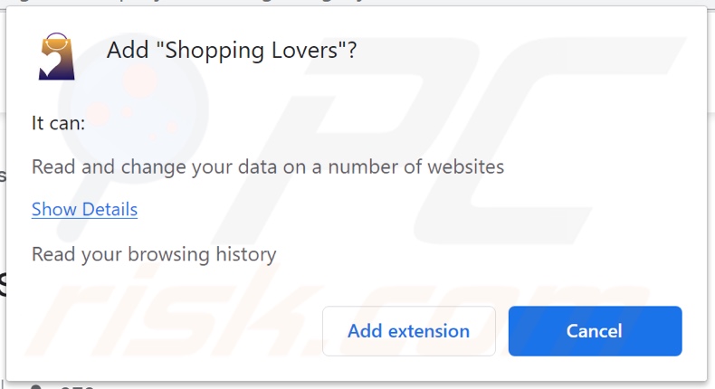 Adware Shopping Lovers proszące o pozwolenie na śledzenie danych