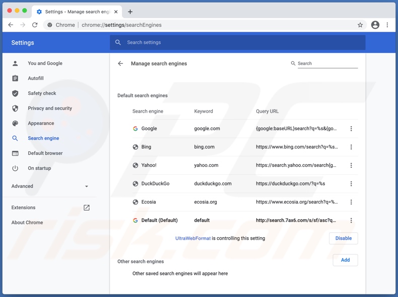 UltraWebFormat promował fałszywą wyszukiwarkę (search.7ax6.com) jako domyślną w Chrome 