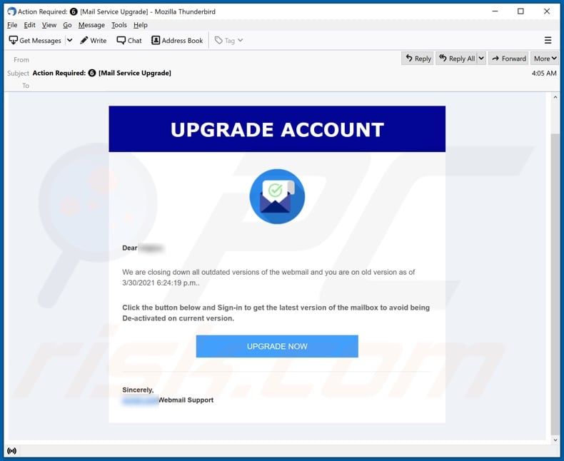 E-mailowa kampania spamowa Upgrade Account
