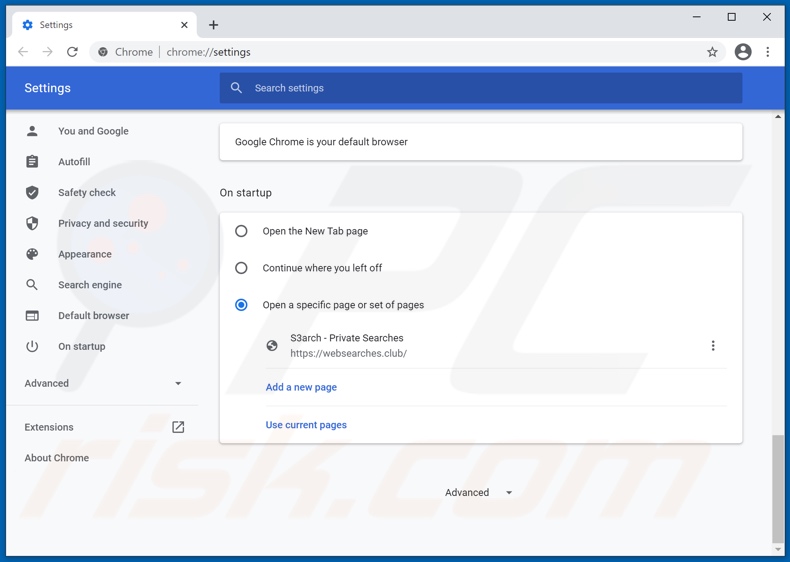 Usuwanie websearches.club ze strony domowej Google Chrome