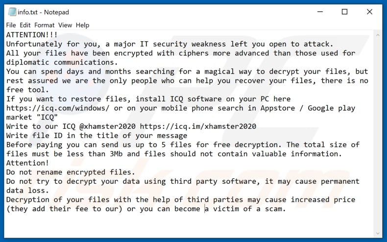 Plik tekstowy ransomware XHAMSTER (info.hta)