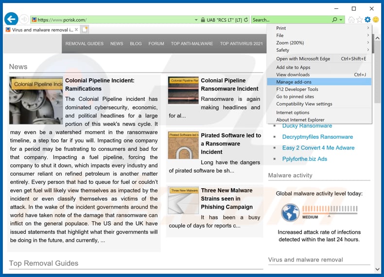 Usuwanie reklam awesomenewspush[.]com z Internet Explorer krok 1