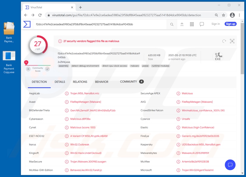 Wykrycia załącznika wirusa e-mailowego Bank Payment Copy (nazwa pliku Bank Payment Copy.exe)