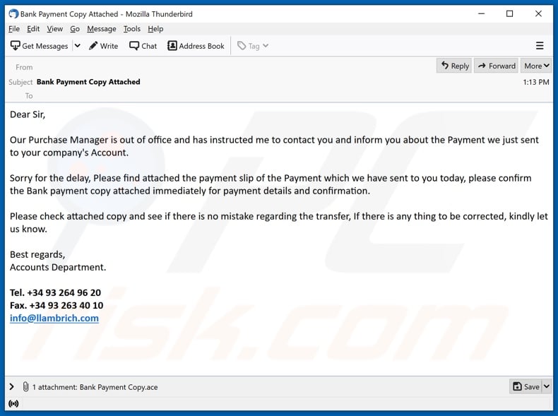 E-mailowa kampania spamowa rozsyłająca malware Bank Payment Copy