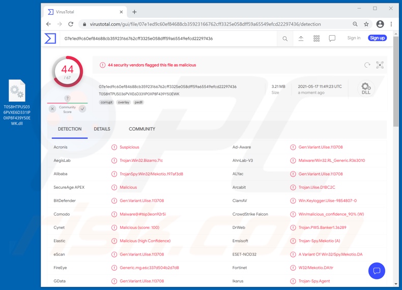 Wykrycia malware Bizarro na VirusTotal