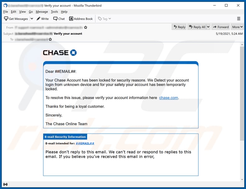 Oszukańczy e-mail Chase account has been locked e-mailowej kampanii spamowej