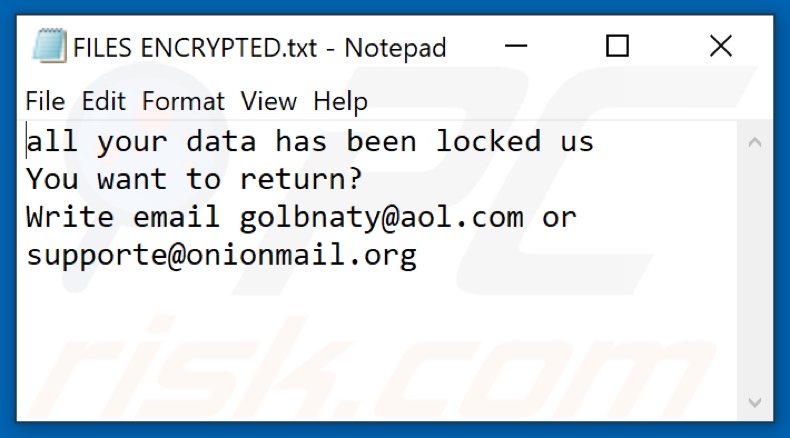 Plik tekstowy ransomware Coms (FILES ENCRYPTED.txt)