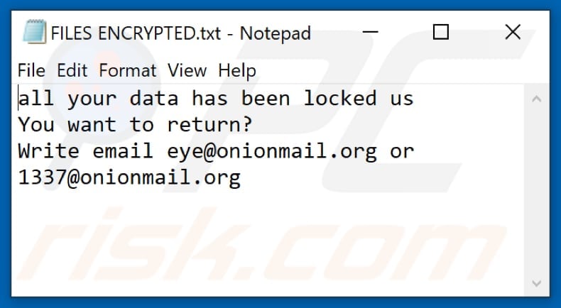 Plik tekstowy ransomware Eye (FILES ENCRYPTED.txt)