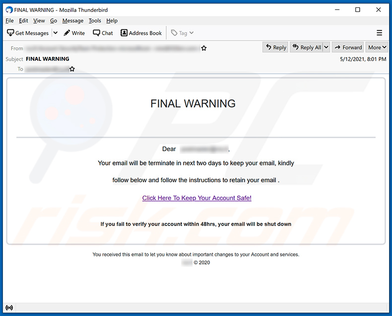 E-mail spamowy o tematyce Final Warning (2021-05-13)