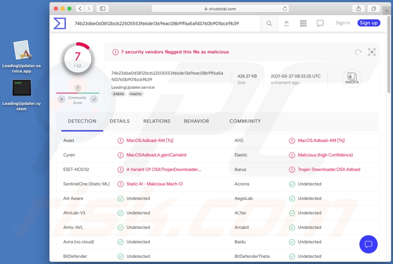 Wykrycia adware LeadingUpdater na VirusTotal