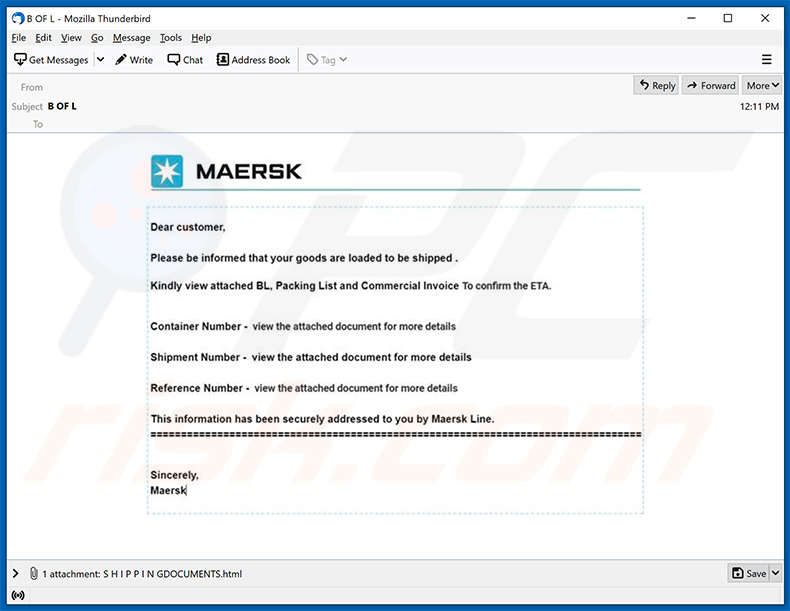 E-mail spamowy o tematyce Maersk promujący phishingowy plik HTML