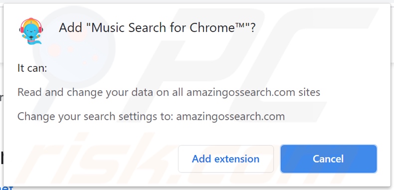 Porywacz przeglądarki Music Search for Chrome proszący o różne pozwolenia