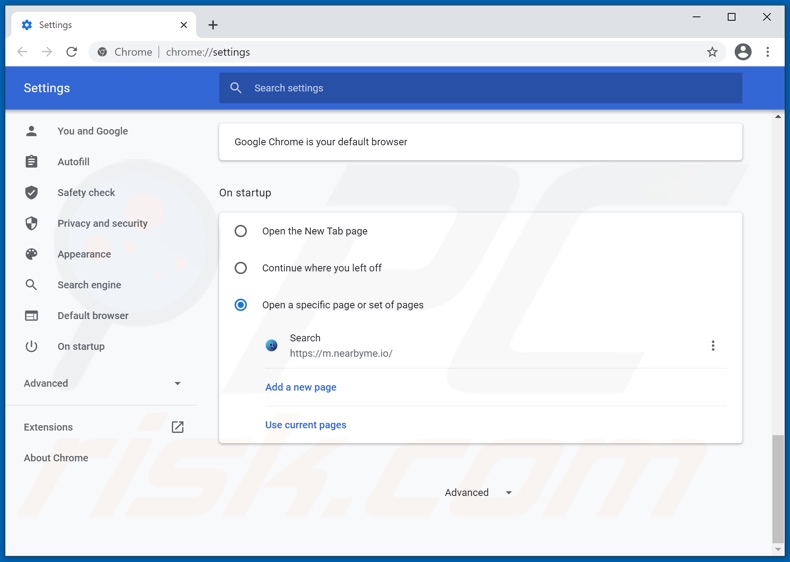 Removing nearbyme.io from Google Chrome homepage