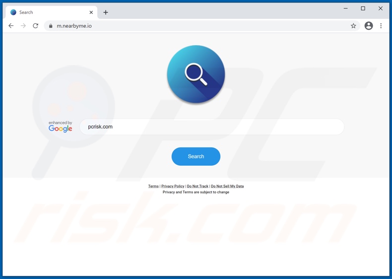 Wariant fałszywej wyszukiwarki nearbyme.io, który przekierowuje do Google
